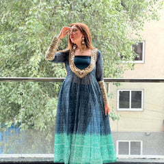 Ocean Bloom Georgette Kurti Set with Mirror Work | 3-Piece Festive Wear