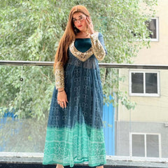 Ocean Bloom Georgette Kurti Set with Mirror Work | 3-Piece Festive Wear