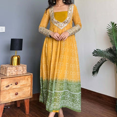 Mustard Yellow & Green Faux Georgette Kurti Set with Mirror Work | 3-Piece Festive Wear