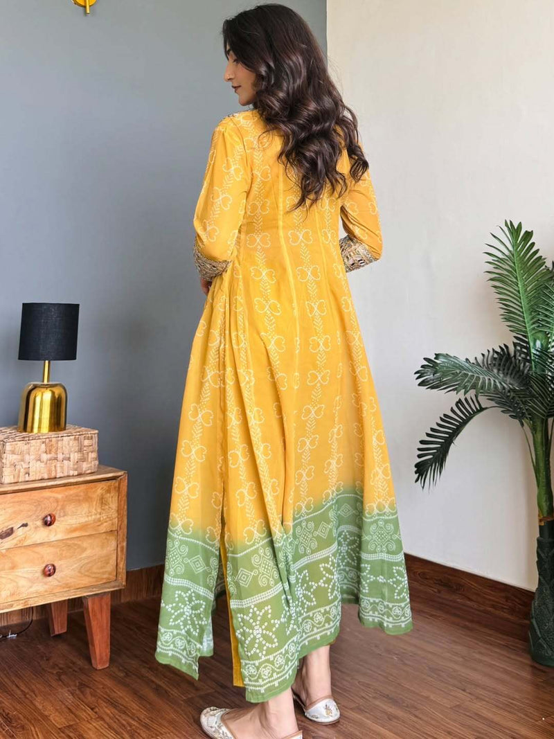 Mustard Yellow & Green Faux Georgette Kurti Set with Mirror Work | 3-Piece Festive Wear
