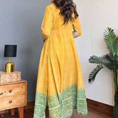 Mustard Yellow & Green Faux Georgette Kurti Set with Mirror Work | 3-Piece Festive Wear