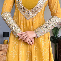 Mustard Yellow & Green Faux Georgette Kurti Set with Mirror Work | 3-Piece Festive Wear