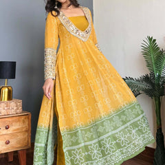 Mustard Yellow & Green Faux Georgette Kurti Set with Mirror Work | 3-Piece Festive Wear