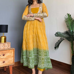 Mustard Yellow & Green Faux Georgette Kurti Set with Mirror Work | 3-Piece Festive Wear