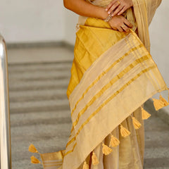 Luxury Off White Gold Kasavu Saree with Designer Tassel Pallu