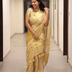Luxury Off White Gold Kasavu Saree with Designer Tassel Pallu