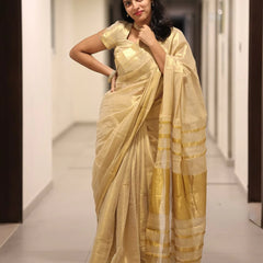Luxury Off White Gold Kasavu Saree with Designer Tassel Pallu