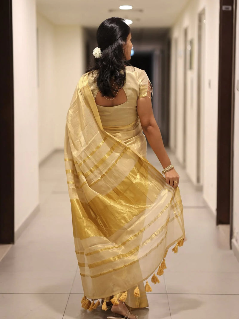 Luxury Off White Gold Kasavu Saree with Designer Tassel Pallu