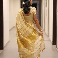 Luxury Off White Gold Kasavu Saree with Designer Tassel Pallu