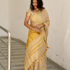 Luxury Off White Gold Kasavu Saree with Designer Tassel Pallu
