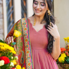 Party Wear Kurti Set with Heavy Printed Dupatta – Peach Pink