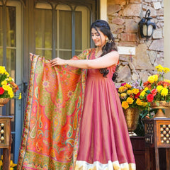Party Wear Kurti Set with Heavy Printed Dupatta – Peach Pink
