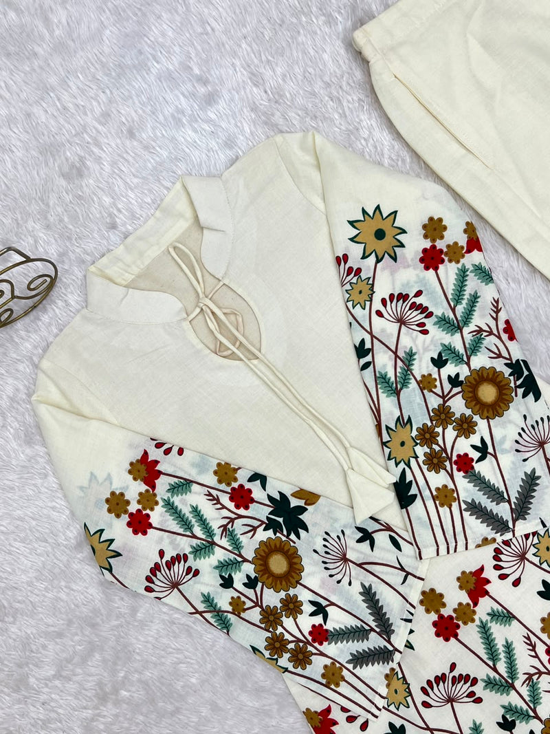 Floral Magic Slub Cotton Kurta with Printed Pant Set