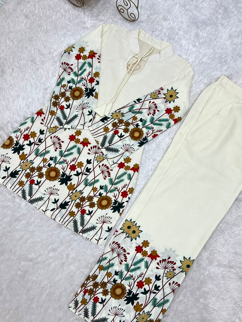 Floral Magic Slub Cotton Kurta with Printed Pant Set