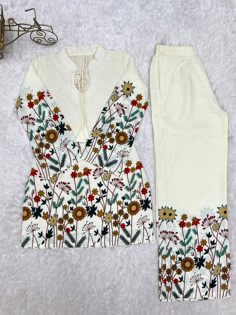 Floral Magic Slub Cotton Kurta with Printed Pant Set