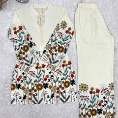 Floral Magic Slub Cotton Kurta with Printed Pant Set