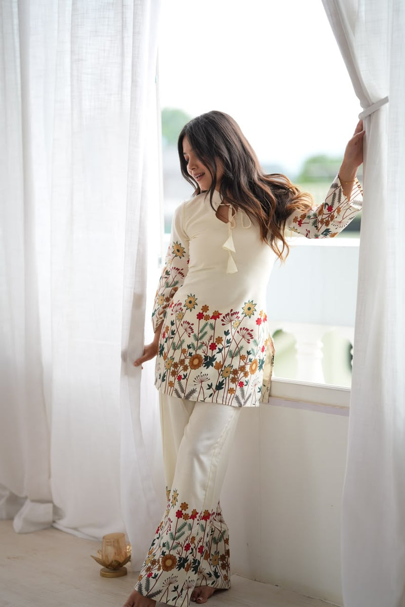 Floral Magic Slub Cotton Kurta with Printed Pant Set
