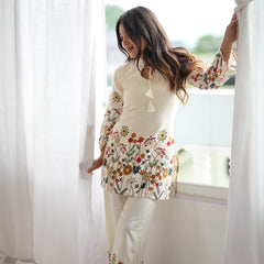 Floral Magic Slub Cotton Kurta with Printed Pant Set