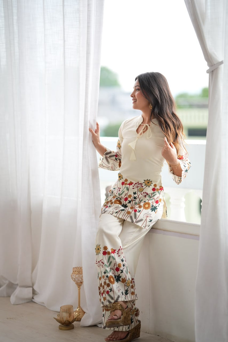 Floral Magic Slub Cotton Kurta with Printed Pant Set