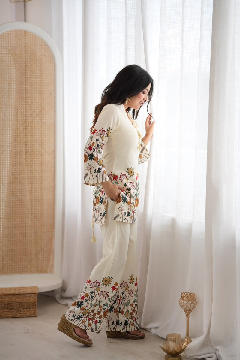 Floral Magic Slub Cotton Kurta with Printed Pant Set