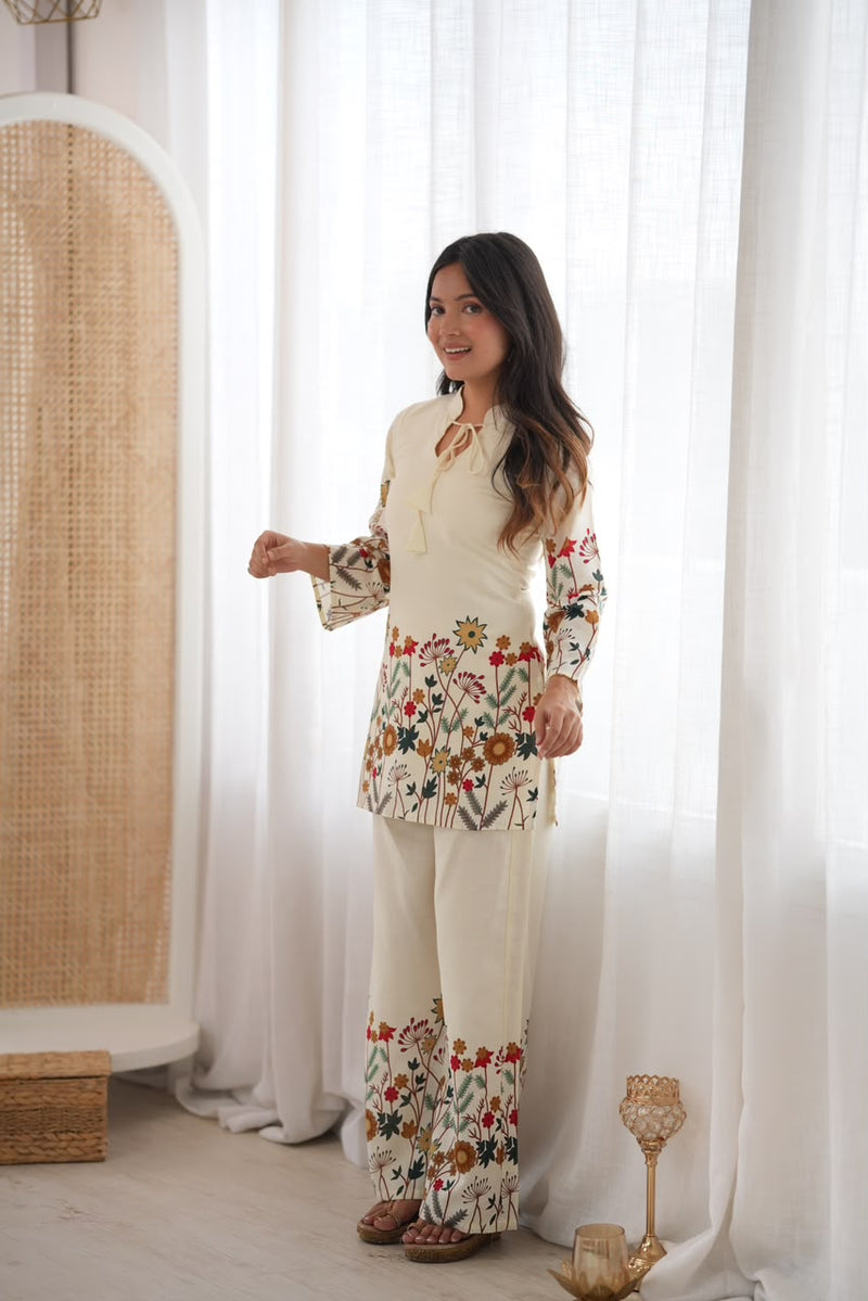 Floral Magic Slub Cotton Kurta with Printed Pant Set