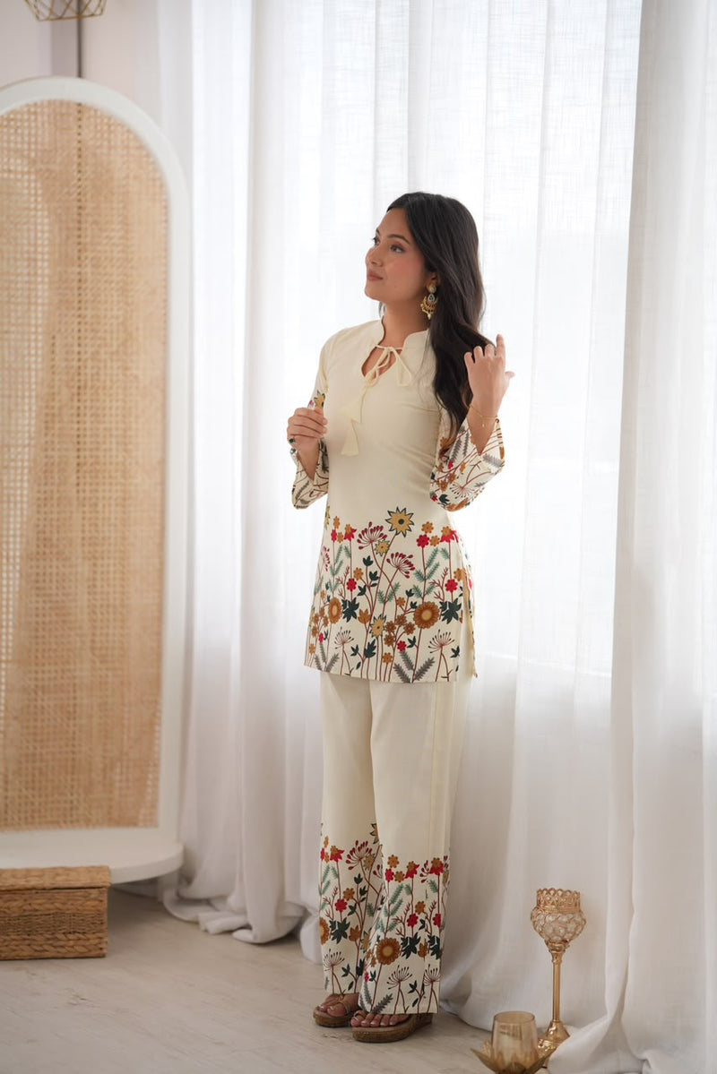 Floral Magic Slub Cotton Kurta with Printed Pant Set