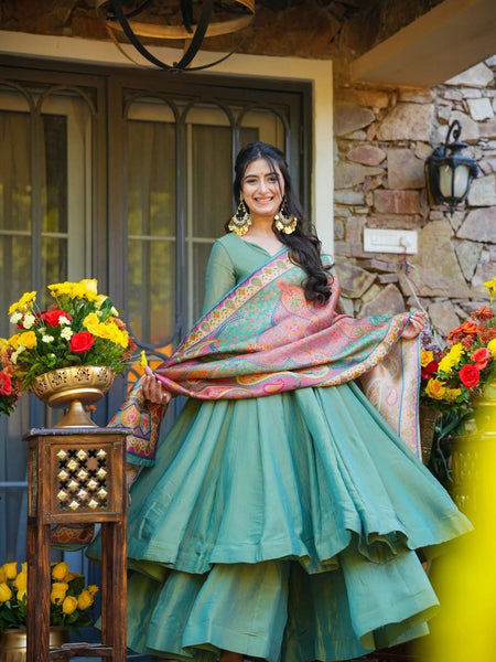 Festive Wear Mehendi Green Kurti Sharara Set with Designer Dupatta