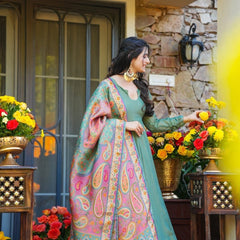 Festive Wear Mehendi Green Kurti Sharara Set with Designer Dupatta