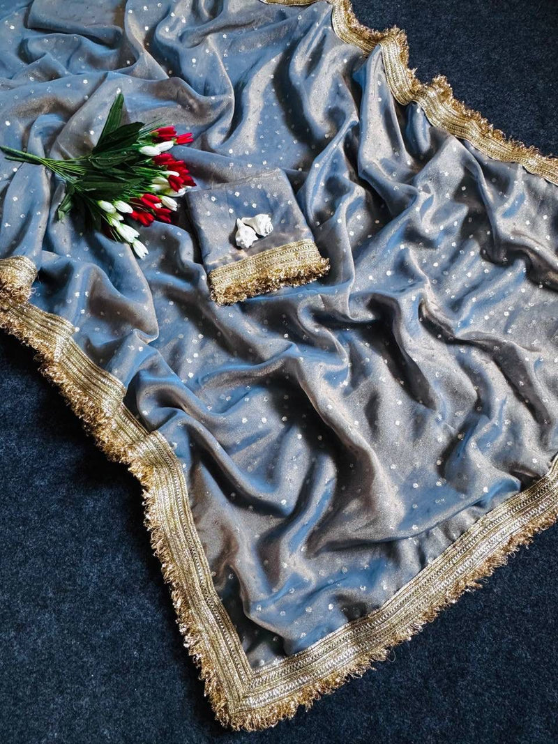 Grey Viscose Saree with Embroidery Lace Border