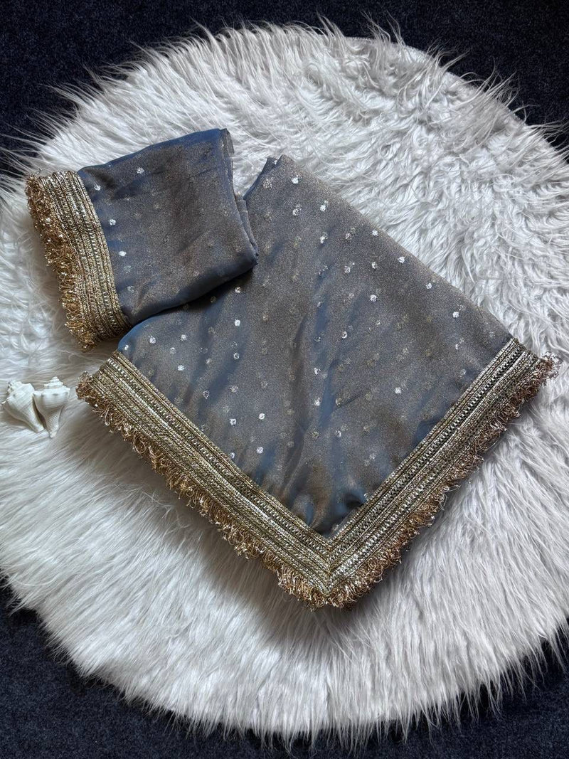 Grey Viscose Saree with Embroidery Lace Border