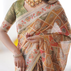 Multicolor Zari Woven Handloom Cotton Saree with Traditional Animal & Floral Motifs and Tassels