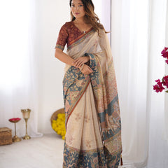 Beige Handloom Cotton Saree with Maroon Blouse and Multicolor Royal Procession Pallu