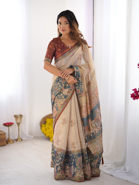 Beige Handloom Cotton Saree with Maroon Blouse and Multicolor Royal Procession Pallu