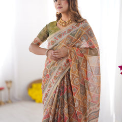 Multicolor Zari Woven Handloom Cotton Saree with Traditional Animal & Floral Motifs and Tassels