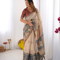 Beige Handloom Cotton Saree with Maroon Blouse and Multicolor Royal Procession Pallu
