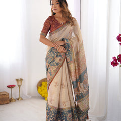 Beige Handloom Cotton Saree with Maroon Blouse and Multicolor Royal Procession Pallu