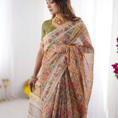 Multicolor Zari Woven Handloom Cotton Saree with Traditional Animal & Floral Motifs and Tassels