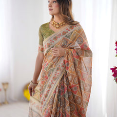 Multicolor Zari Woven Handloom Cotton Saree with Traditional Animal & Floral Motifs and Tassels