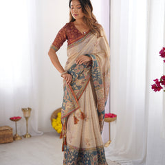 Beige Handloom Cotton Saree with Maroon Blouse and Multicolor Royal Procession Pallu