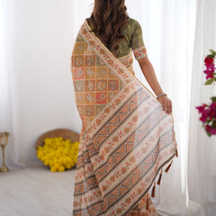 Multicolor Zari Woven Handloom Cotton Saree with Traditional Animal & Floral Motifs and Tassels