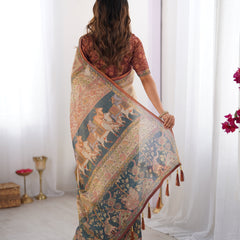 Beige Handloom Cotton Saree with Maroon Blouse and Multicolor Royal Procession Pallu