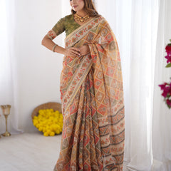 Multicolor Zari Woven Handloom Cotton Saree with Traditional Animal & Floral Motifs and Tassels