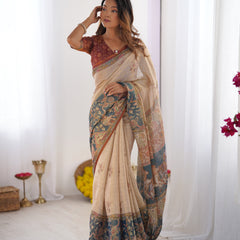 Beige Handloom Cotton Saree with Maroon Blouse and Multicolor Royal Procession Pallu