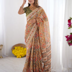 Multicolor Zari Woven Handloom Cotton Saree with Traditional Animal & Floral Motifs and Tassels