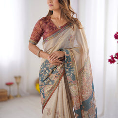 Beige Handloom Cotton Saree with Maroon Blouse and Multicolor Royal Procession Pallu