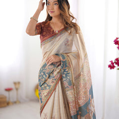 Beige Handloom Cotton Saree with Maroon Blouse and Multicolor Royal Procession Pallu