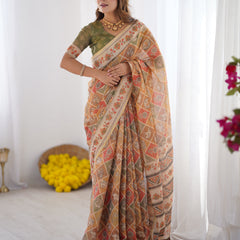 Multicolor Zari Woven Handloom Cotton Saree with Traditional Animal & Floral Motifs and Tassels