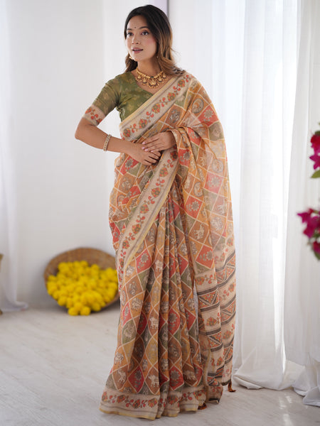 Multicolor Zari Woven Handloom Cotton Saree with Traditional Animal & Floral Motifs and Tassels