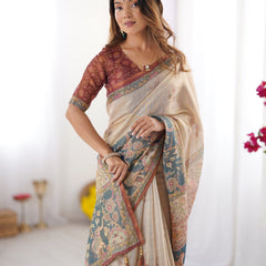 Beige Handloom Cotton Saree with Maroon Blouse and Multicolor Royal Procession Pallu