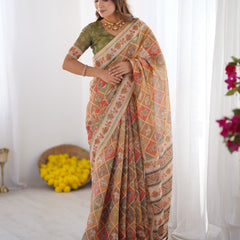 Multicolor Zari Woven Handloom Cotton Saree with Traditional Animal & Floral Motifs and Tassels